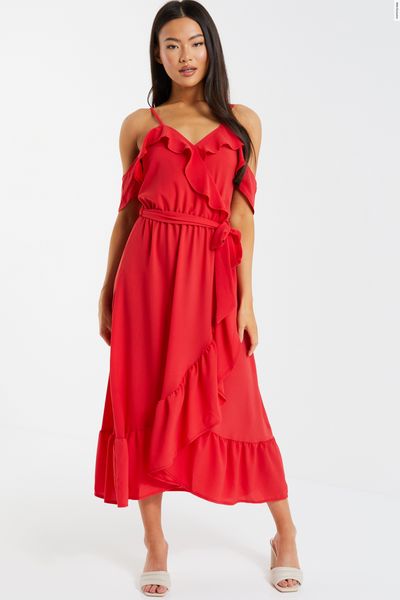 Red Cold Shoulder Midi Dress